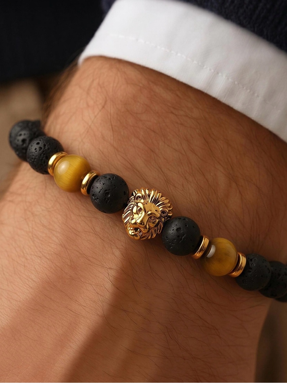 Black & Gold Lion Beaded Bracelet for Men